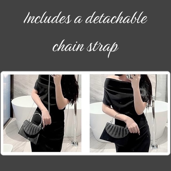 🔺SOLD🔺Black Satin Pleated-Flap Metal Handle Retro Evening Bag w/Detachable Strap - Picture 3 of 14